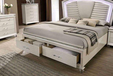 Maddie Glam LED Platform Bed, Bedroom Set & Case Pieces - Tufted Headboard, Crystal Accents & Footboard Drawers in Pearl White – White, view 7