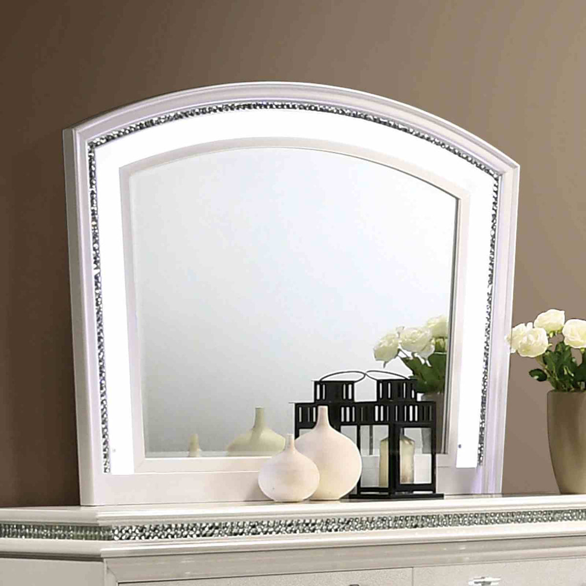 Maddie Glam LED Platform Bed, Bedroom Set & Case Pieces - Arched LED Mirror