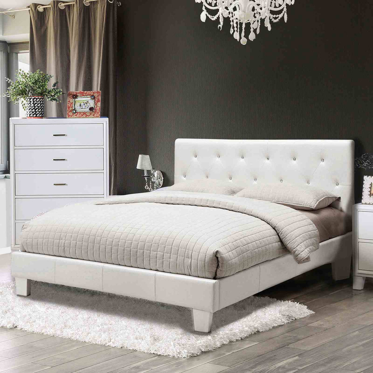 Velen Contemporary Upholstered Platform Bed - Button Tufted Leatherette Headboard with Diamond-Like Accents – Black & White, view 4