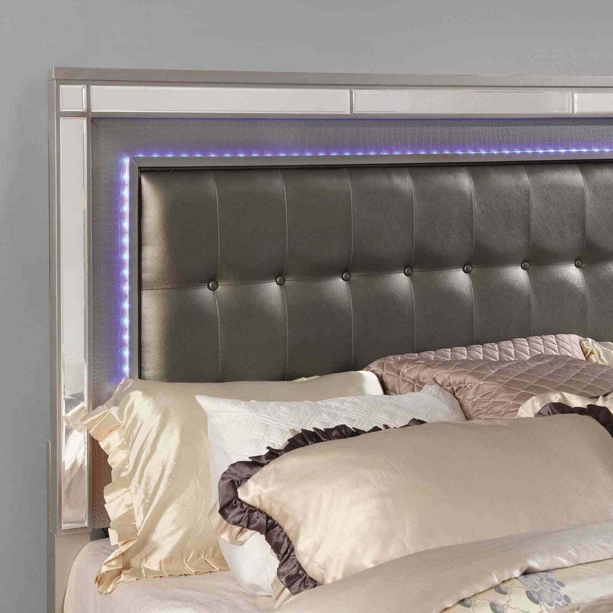 Brachium Contemporary LED Upholstered Bed, Bedroom Set & Case Pieces - Tufted Headboard with Mirror Trim in Silver – Silver & Gray, view 6