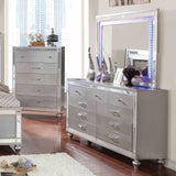 Brachium Contemporary LED Upholstered Bed, Bedroom Set & Case Pieces - Tufted Headboard with Mirror Trim in Silver – Silver & Gray, view 12