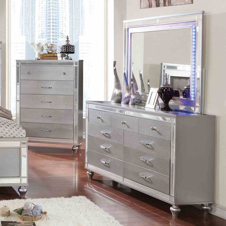Brachium Contemporary LED Upholstered Bed, Bedroom Set & Case Pieces - Tufted Headboard with Mirror Trim in Silver – Silver & Gray, view 12