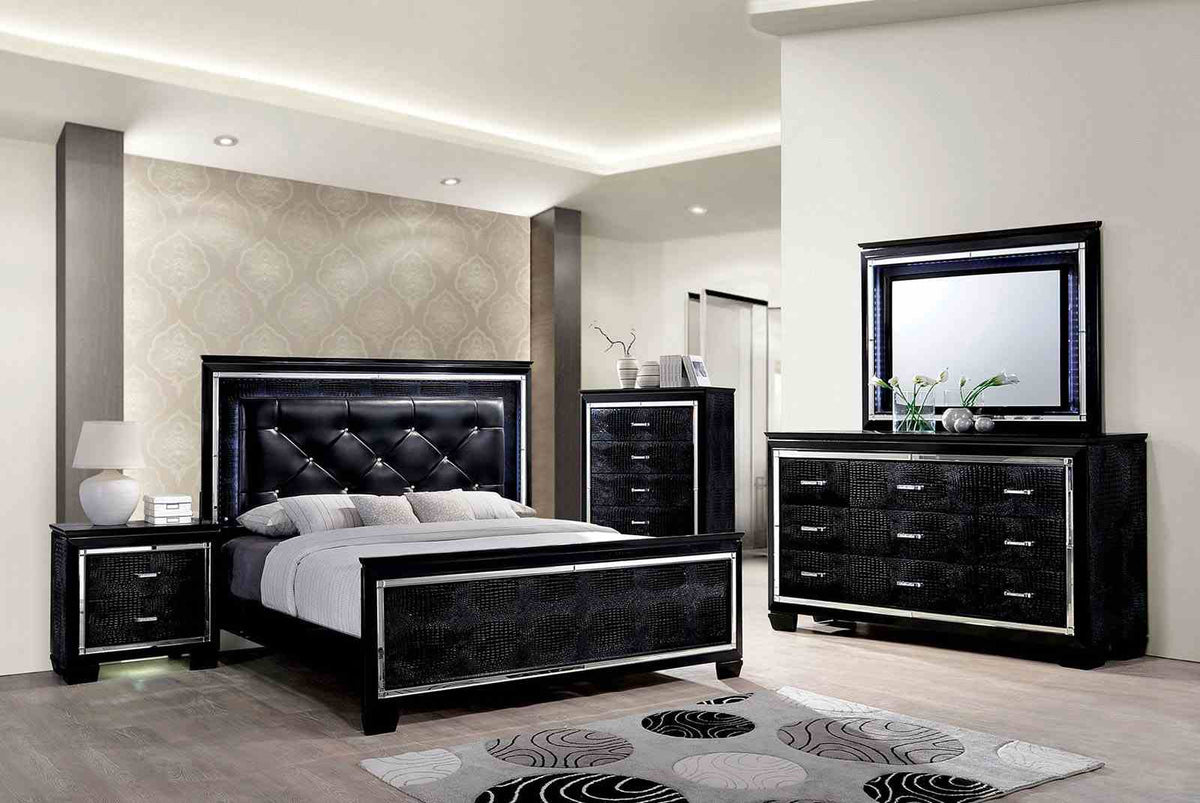 Bellanova Glam LED Upholstered Bed & Bedroom Collection - Crocodile Texture Mirror Inserts in Black or Silver – Black & Silver, view 2