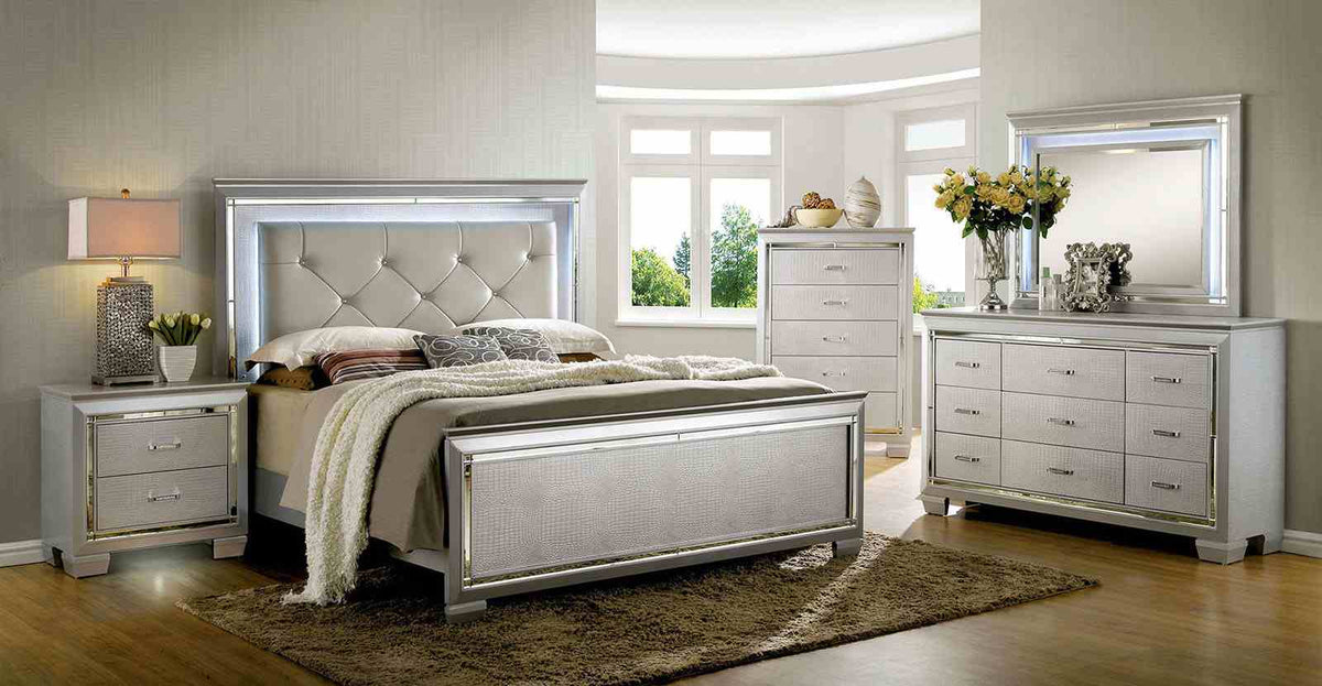 Bellanova Glam LED Upholstered Bed & Bedroom Collection - Crocodile Texture Mirror Inserts in Black or Silver – Black & Silver, view 8