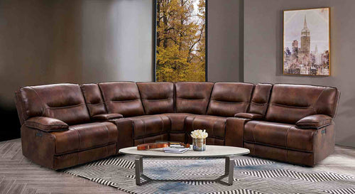 Louella Top Grain Leather Power Reclining Sectional - Power Headrests, Storage Console & USB in Brown