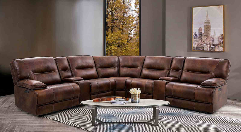 Louella Top Grain Leather Power Reclining Sectional - Power Headrests, Storage Console & USB in Brown