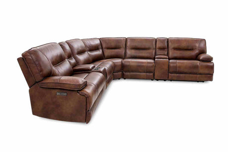 Louella Top Grain Leather Power Reclining Sectional - Power Headrests, Storage Console & USB in Brown – Brown, view 3