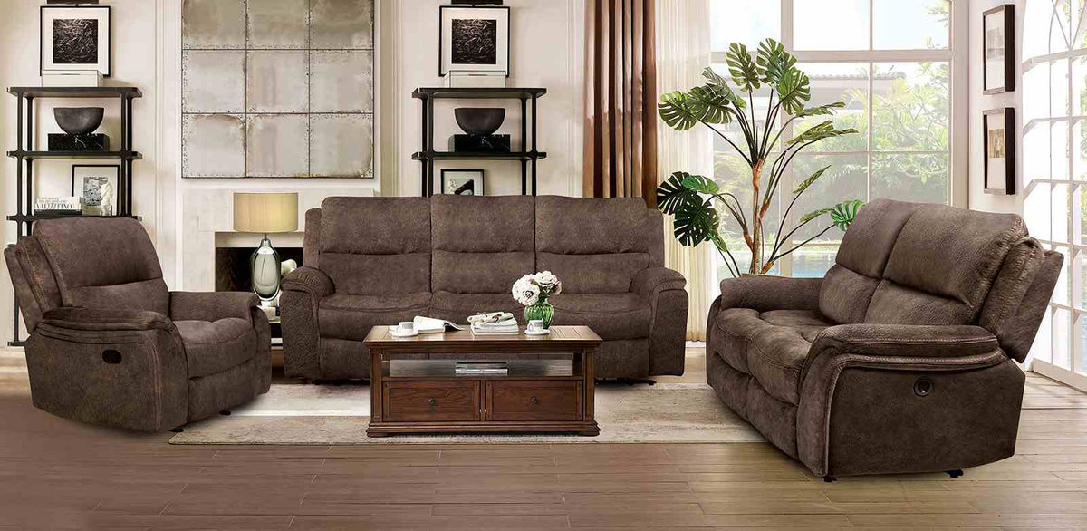 Henricus Transitional Manual Reclining Sofa, Loveseat & Glider Recliner - Pillow Top Arms with Contrast Welt – Brown & Gray, view 2