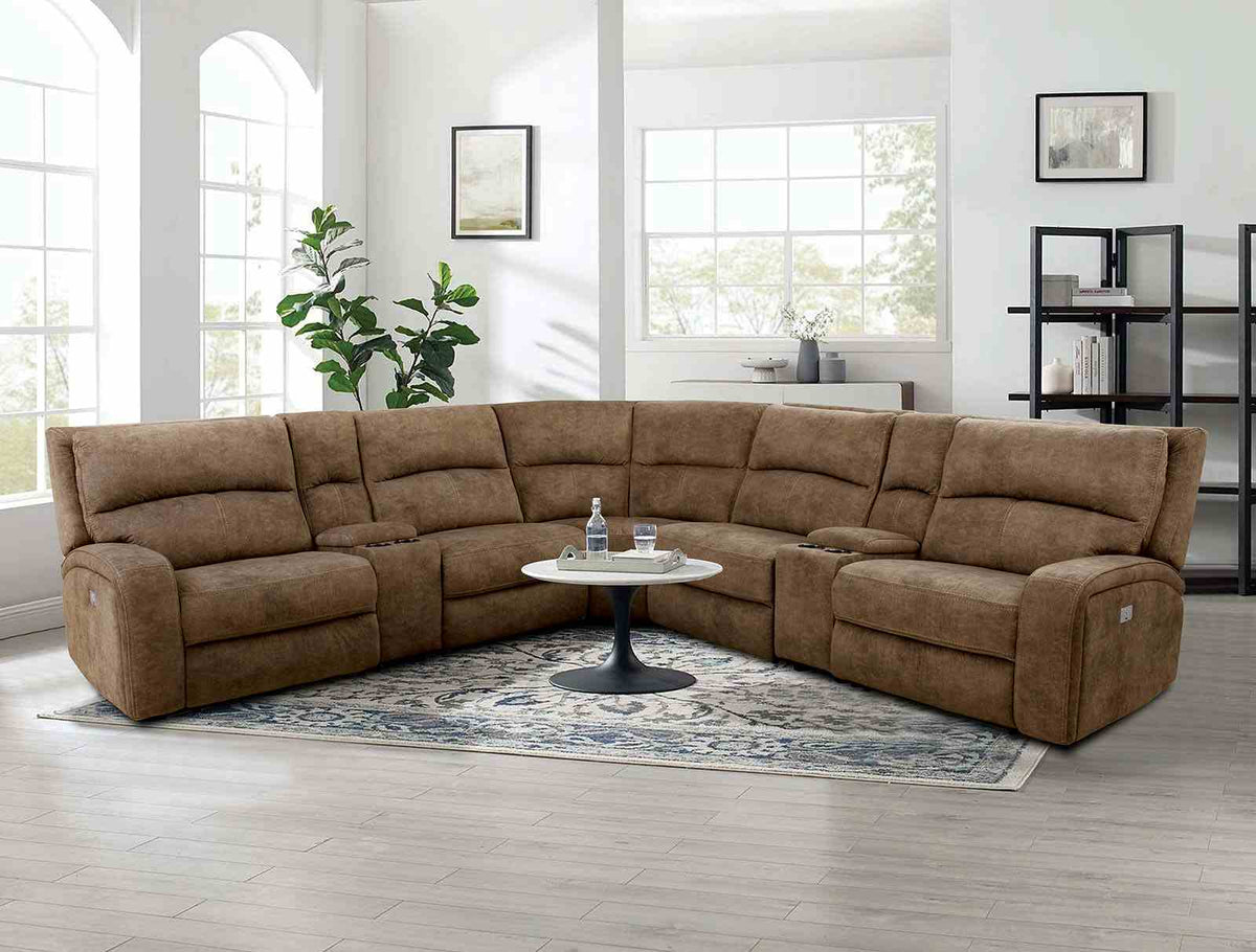Apostolos 6-Piece Power Reclining Sectional with Storage Consoles - Brown