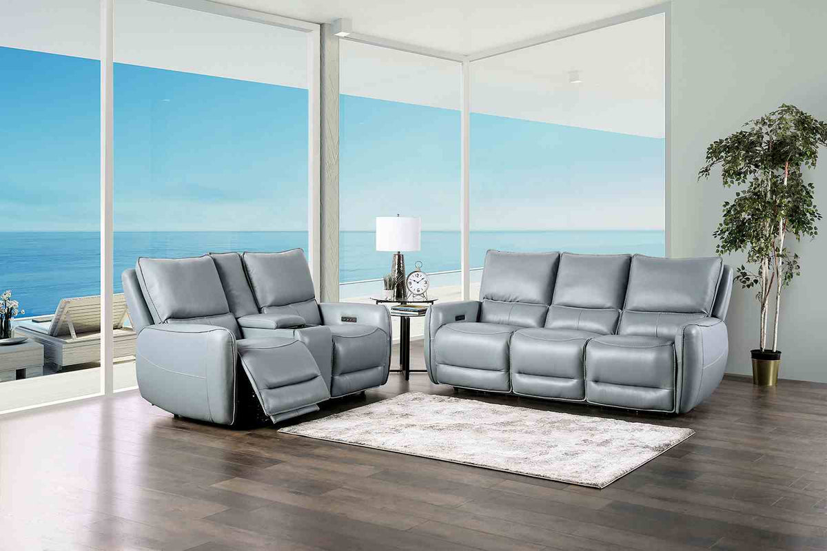 Phineas Zero Gravity Power Reclining Sofa, Loveseat & Recliner - Top Grain Leather Match in Pale Blue or Beige – Blue & Beige, view 2