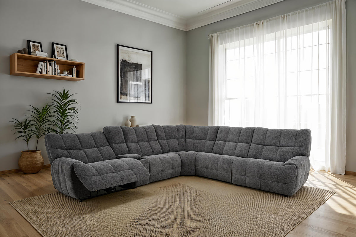 Clemens Power Reclining Sectional with Wireless Charging Console - Biscuit-Tufted Chenille – Beige & Gray, view 10