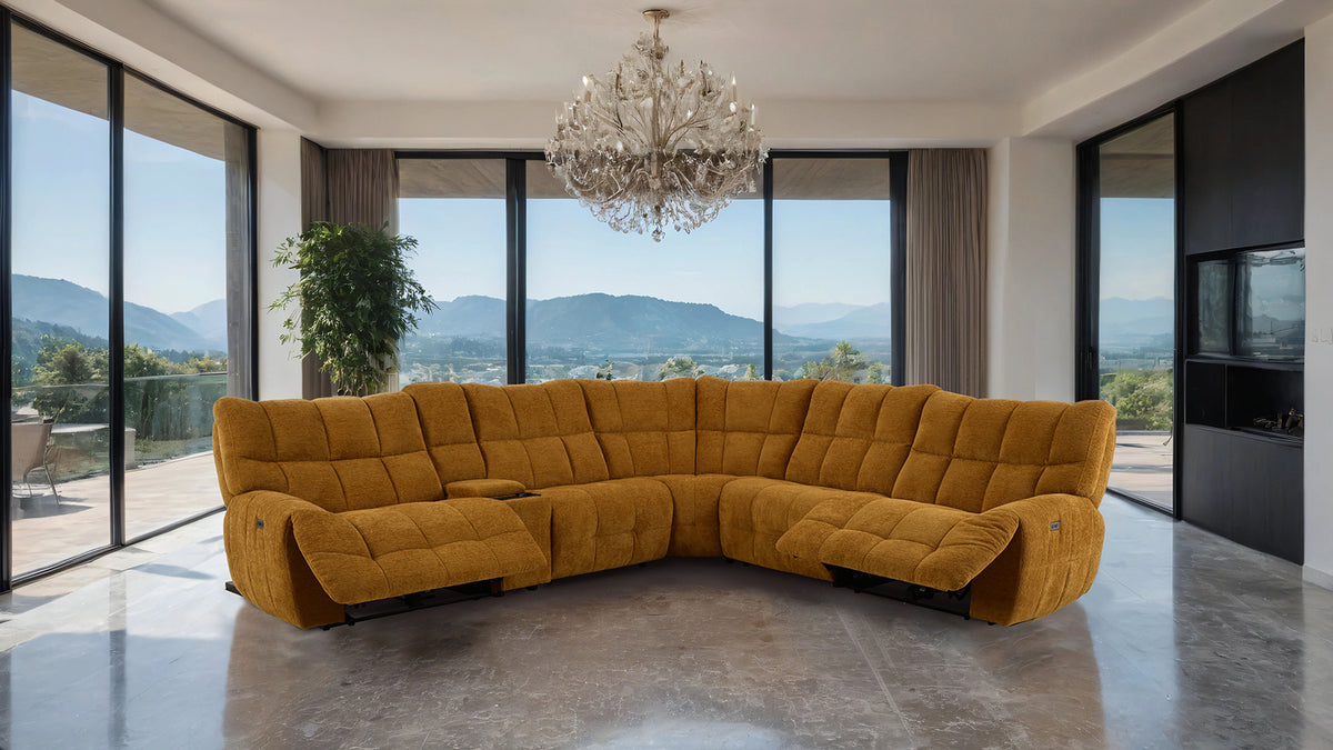 Clemens Power Reclining Sectional with Wireless Charging Console - Biscuit-Tufted Chenille – Beige & Gray, view 18
