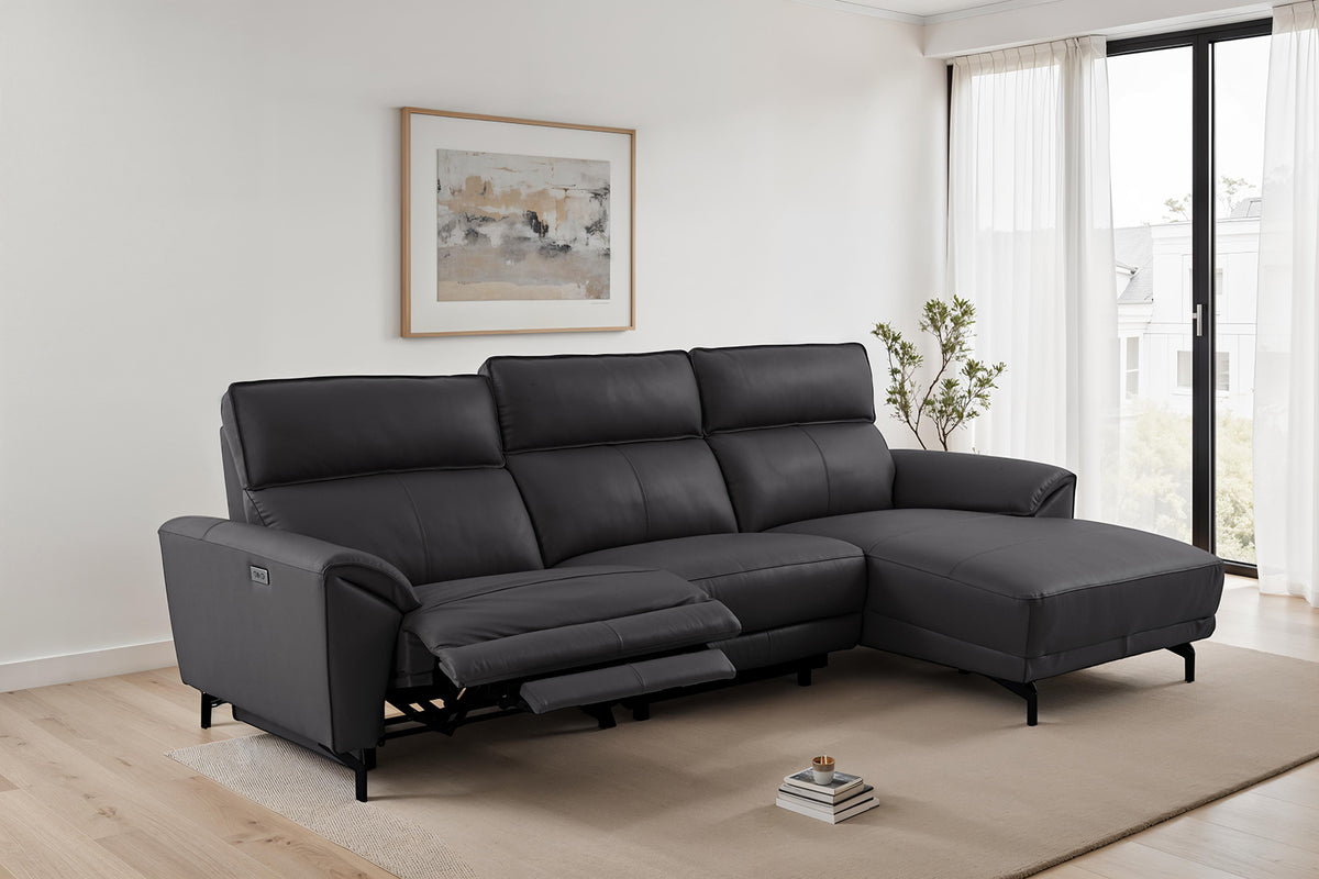 Themis Power Reclining Sectional with Chaise - Top Grain Leather with USB Ports, Contemporary – Black & Brown, view 12