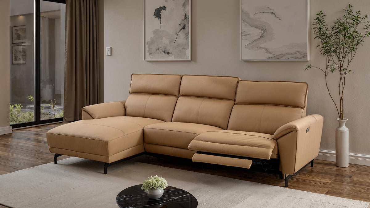 Themis Power Reclining Sectional with Chaise - Top Grain Leather with USB Ports, Contemporary – Black & Brown, view 17
