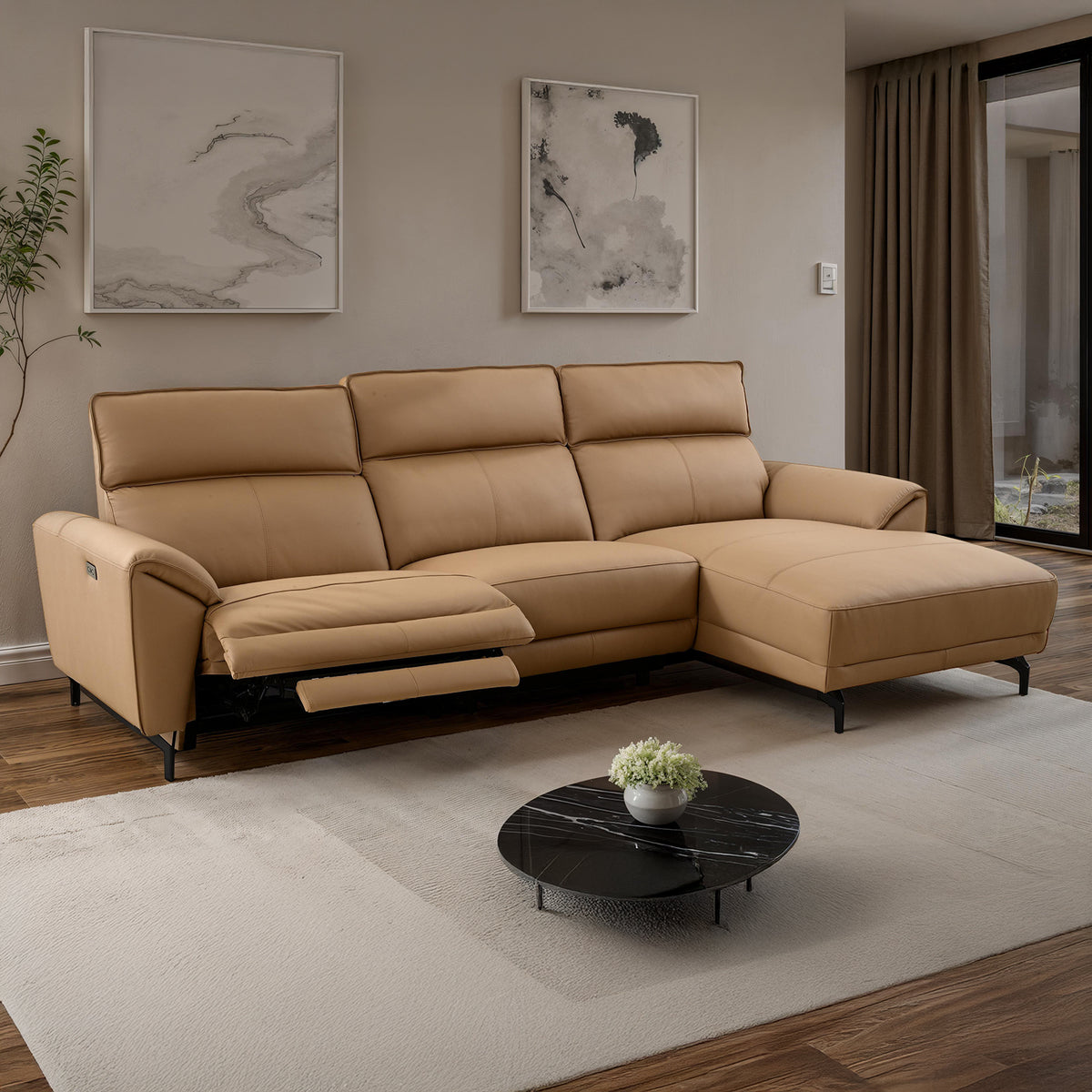 Themis Power Reclining Sectional with Chaise - Light Brown
