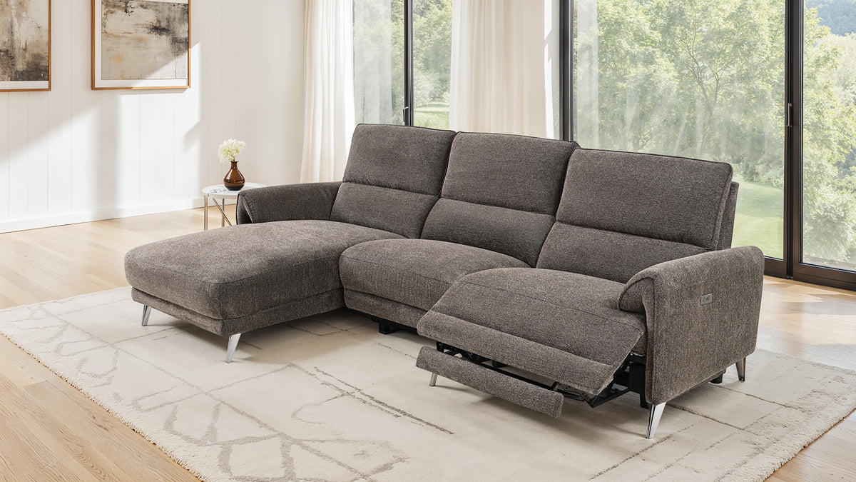 Brande Contemporary Power Reclining Sectional with Chaise & USB Ports - Chenille in Brown, Gray or Light Gray – Brown & Gray, view 7