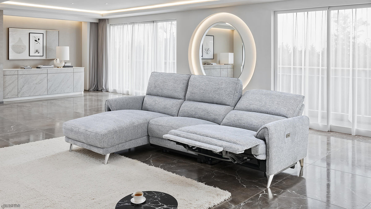 Brande Contemporary Power Reclining Sectional with Chaise & USB Ports - Chenille in Brown, Gray or Light Gray – Brown & Gray, view 13