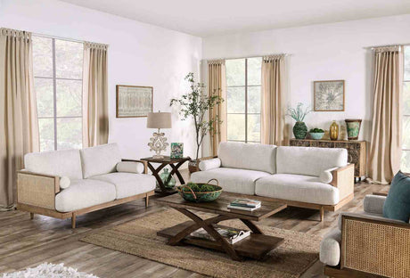 Alesund Mid-Century Modern Sofa, Loveseat & Accent Chair - Ash Wood Trim with Rattan Details in Beige – Beige & Natural, view 2