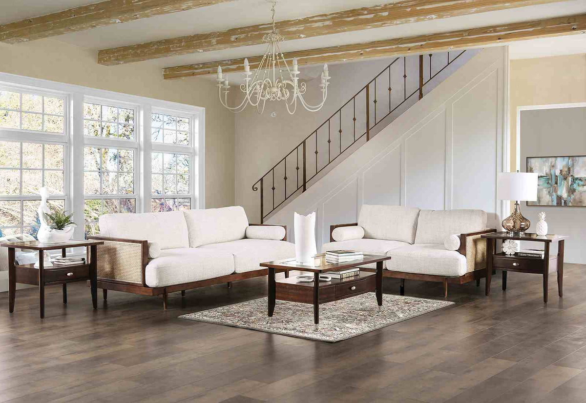 Alesund Mid-Century Modern Sofa, Loveseat & Accent Chair - Ash Wood Trim with Rattan Details in Beige – Beige & Natural, view 6