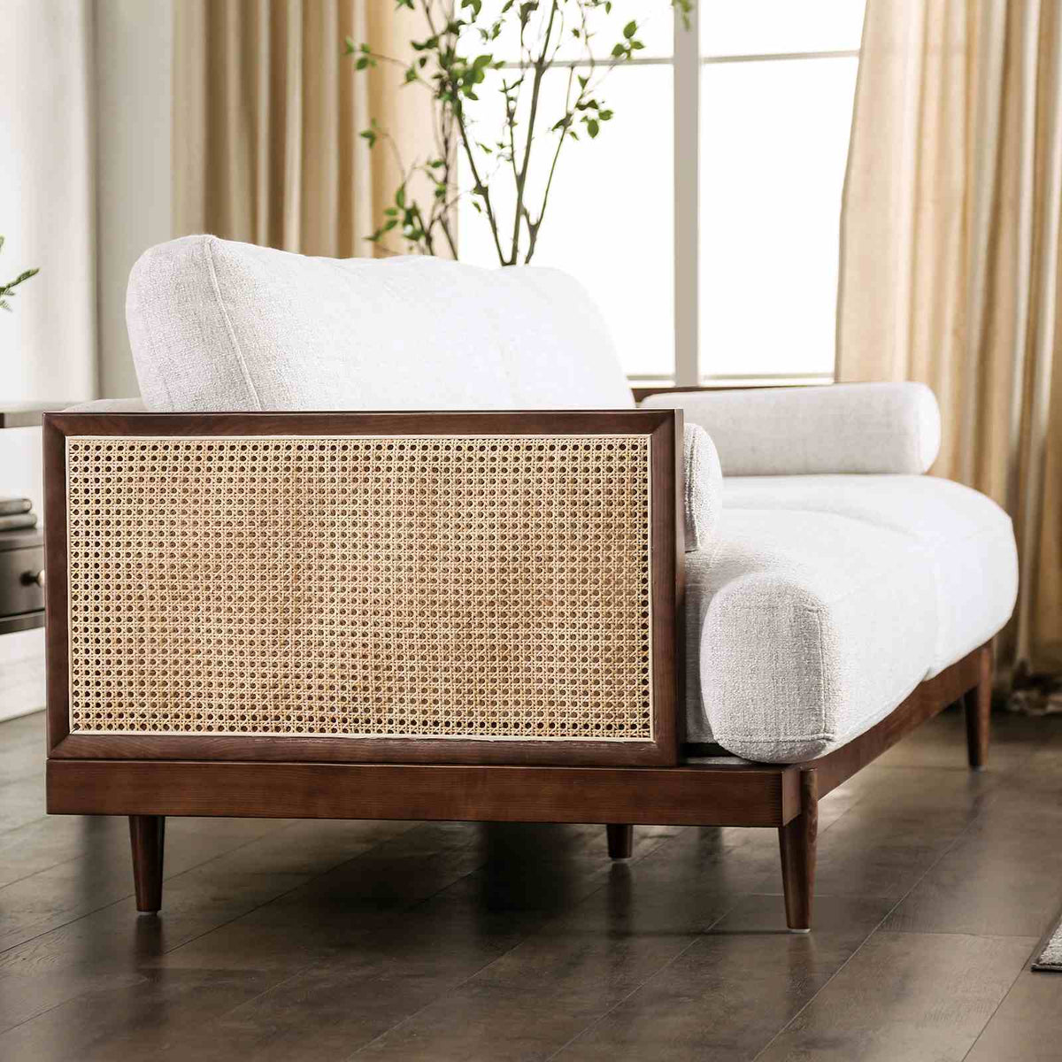 Alesund Mid-Century Modern Sofa, Loveseat & Accent Chair - Ash Wood Trim with Rattan Details in Beige – Beige & Natural, view 18