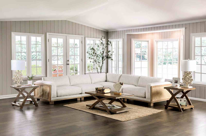 Arendal Contemporary Corner Sectional with Rattan Details & Ash Wood Trim - Beige
