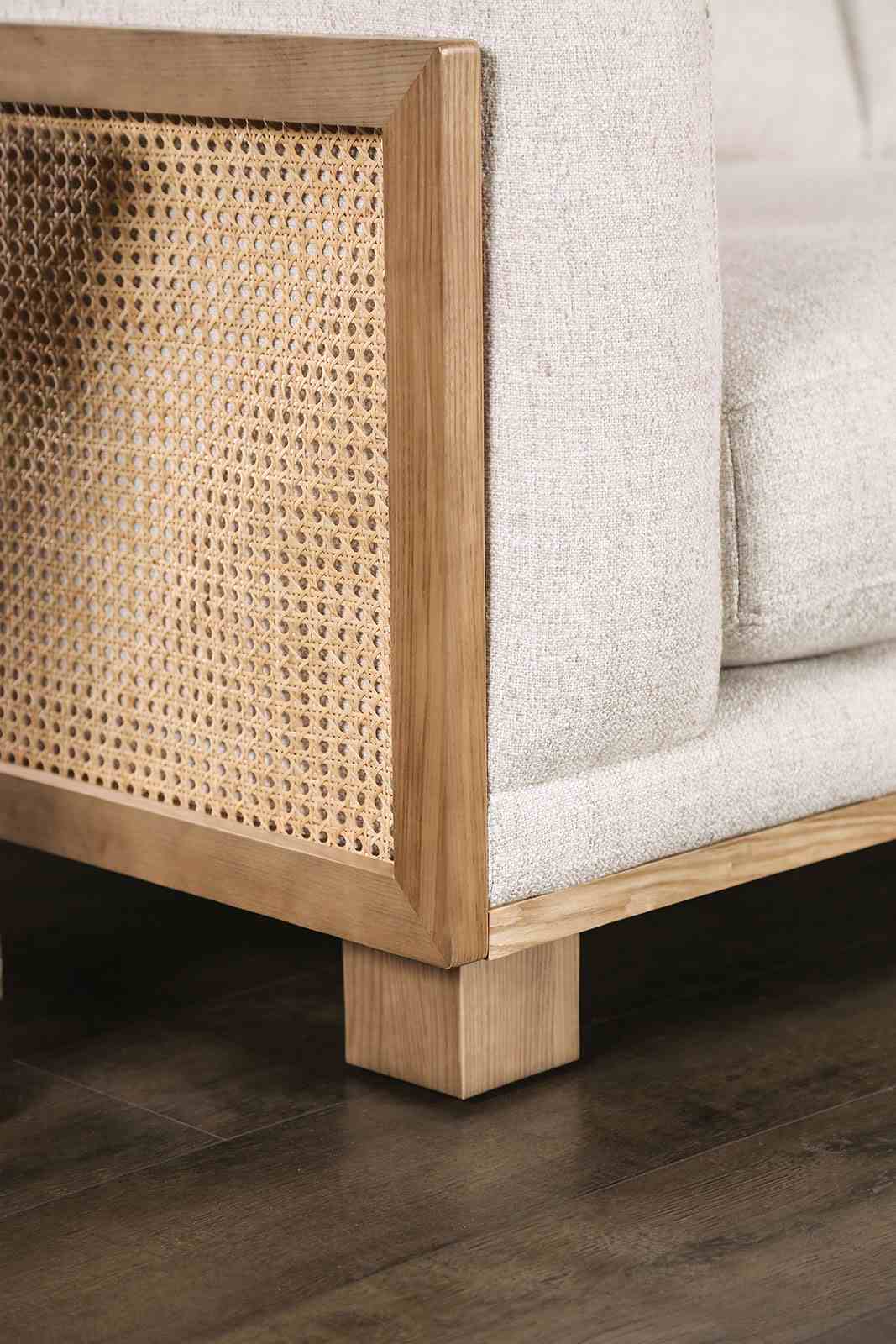 Arendal Contemporary Corner Sectional with Rattan Details & Ash Wood Trim - Beige – Beige & Natural, view 3