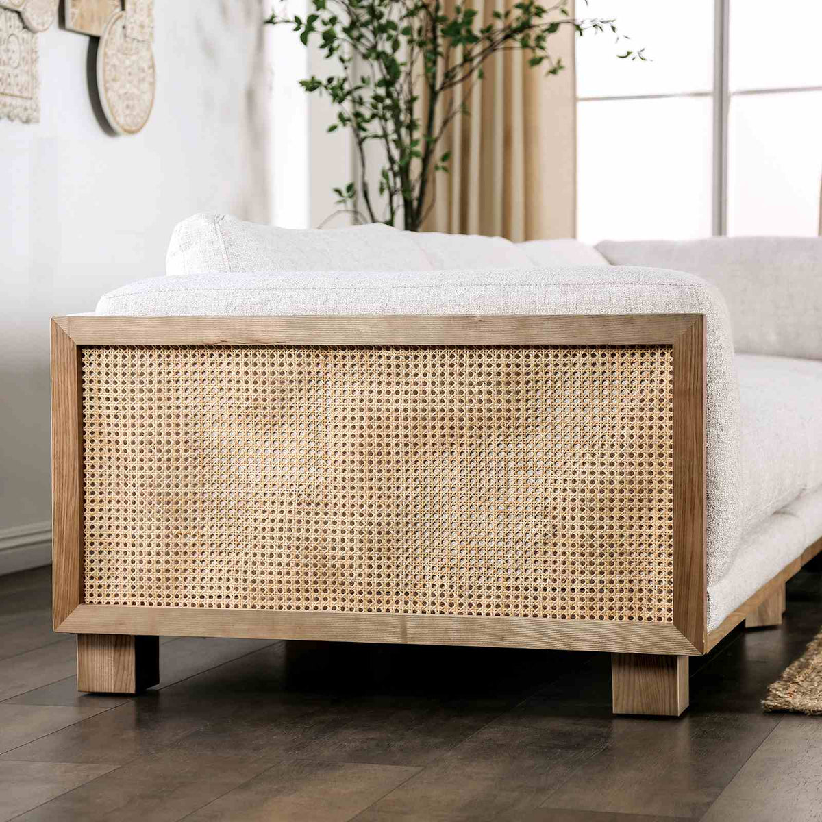 Arendal Contemporary Corner Sectional with Rattan Details & Ash Wood Trim - Beige – Beige & Natural, view 4