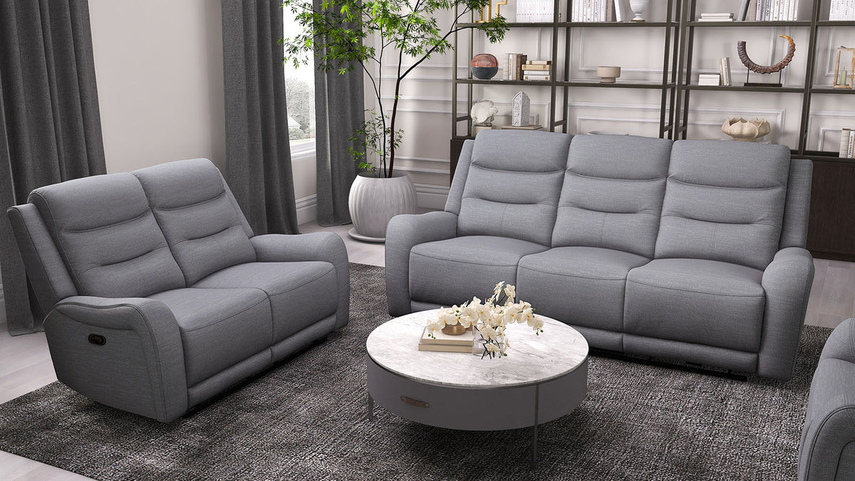 Matthias Reclining Sofa, Loveseat, Recliner & Sectional - Scroll Arm Gray Fabric, Transitional – Gray, view 6