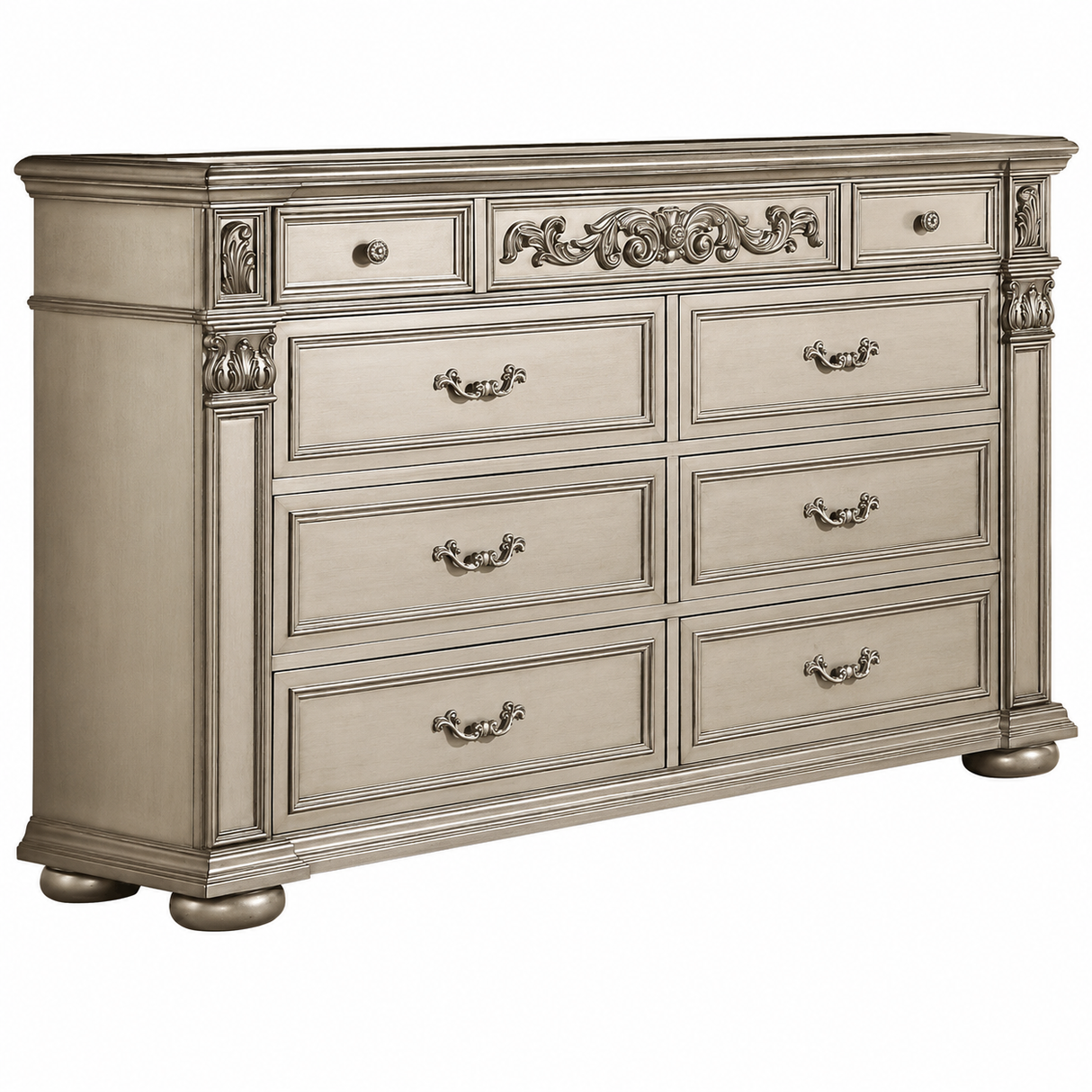 Luxurious Traditional Silver Ornate 5-Piece King Platinum Bedroom Furniture Set