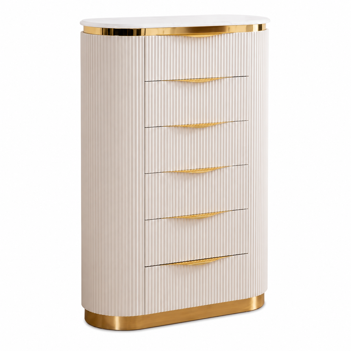 A modern five-drawer chest of drawers with a fluted cream-white front, a white top, and polished gold metal trim and drawer pulls, shown on a plain white background.