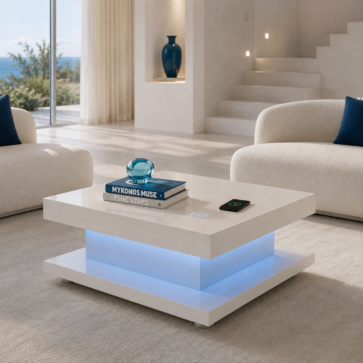 A modern white square coffee table with a glowing blue LED under-shelf light, styled in a bright, contemporary living room.