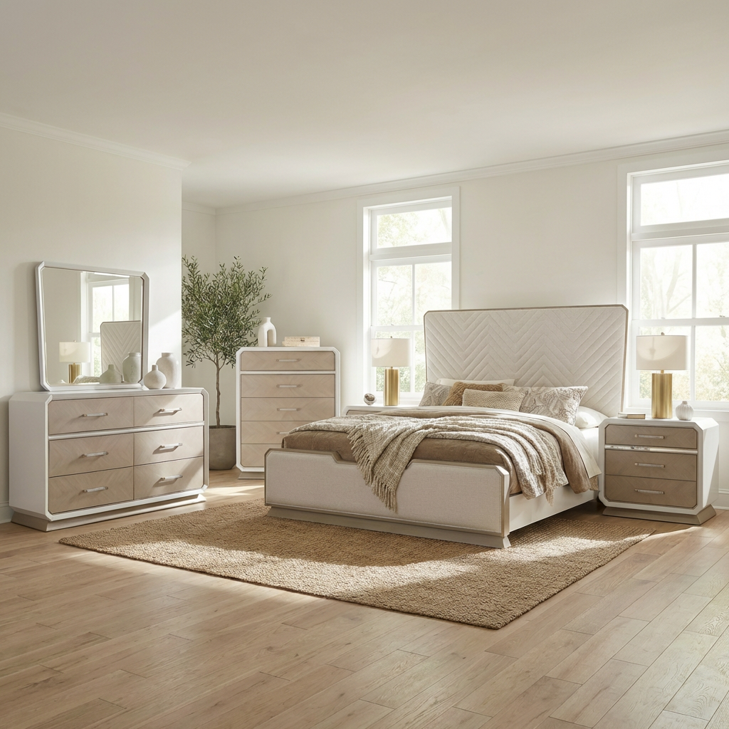 Modern Two-Tone King Dior Bedroom Set with Lift-Top Jewelry Storage