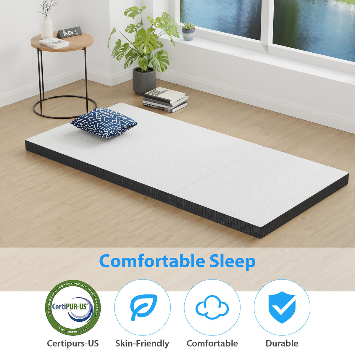 Hollyhock Tri-Fold Memory Foam Mattress Topper - 3" or 4" Plush, CertiPUR-US Certified, Twin to Queen – White & Gray, view 10