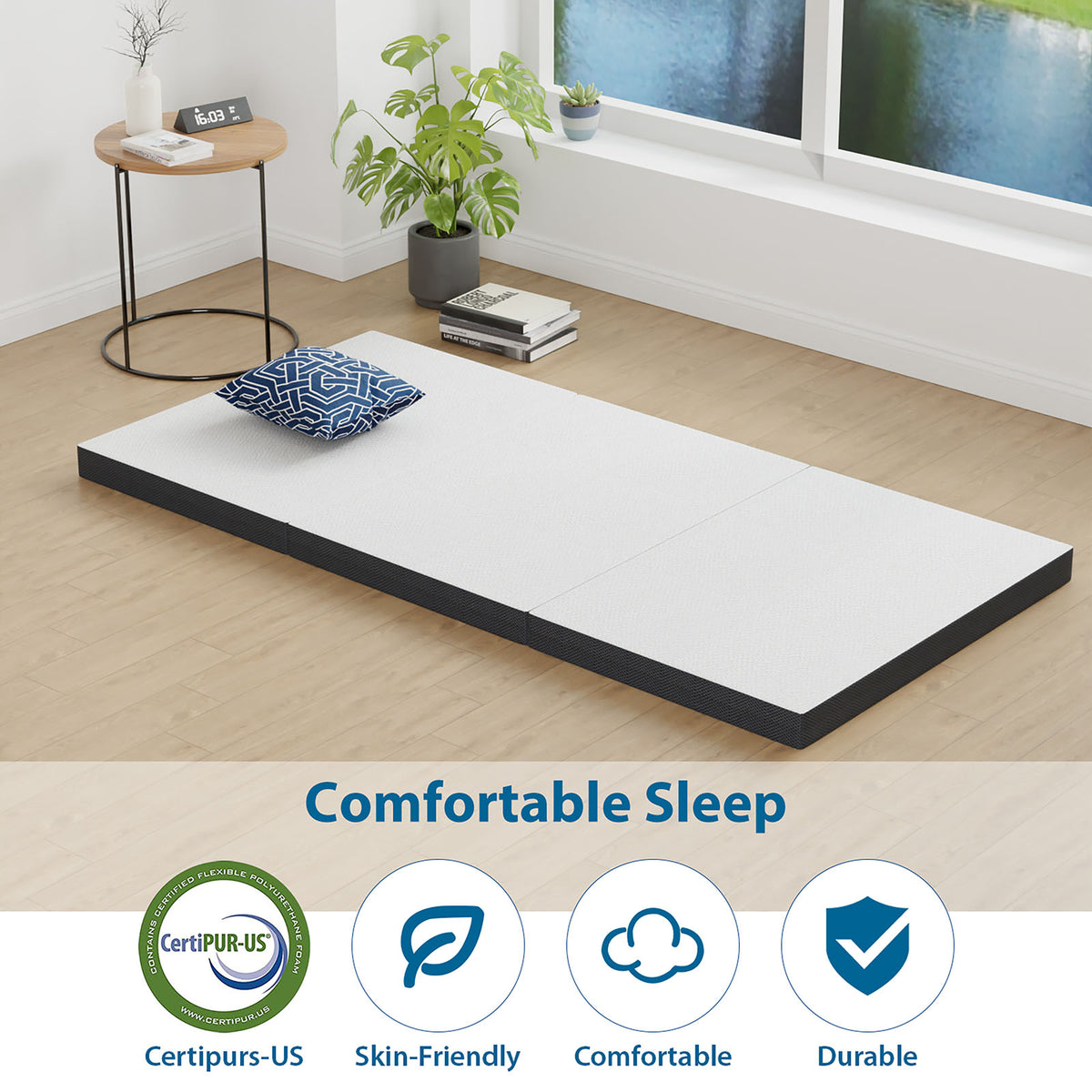 Hollyhock Tri-Fold Memory Foam Mattress Topper - 3" or 4" Plush, CertiPUR-US Certified, Twin to Queen – White & Gray, view 17