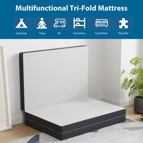 Hollyhock Tri-Fold Memory Foam Mattress Topper - 3" or 4" Plush, CertiPUR-US Certified, Twin to Queen – White & Gray, view 20