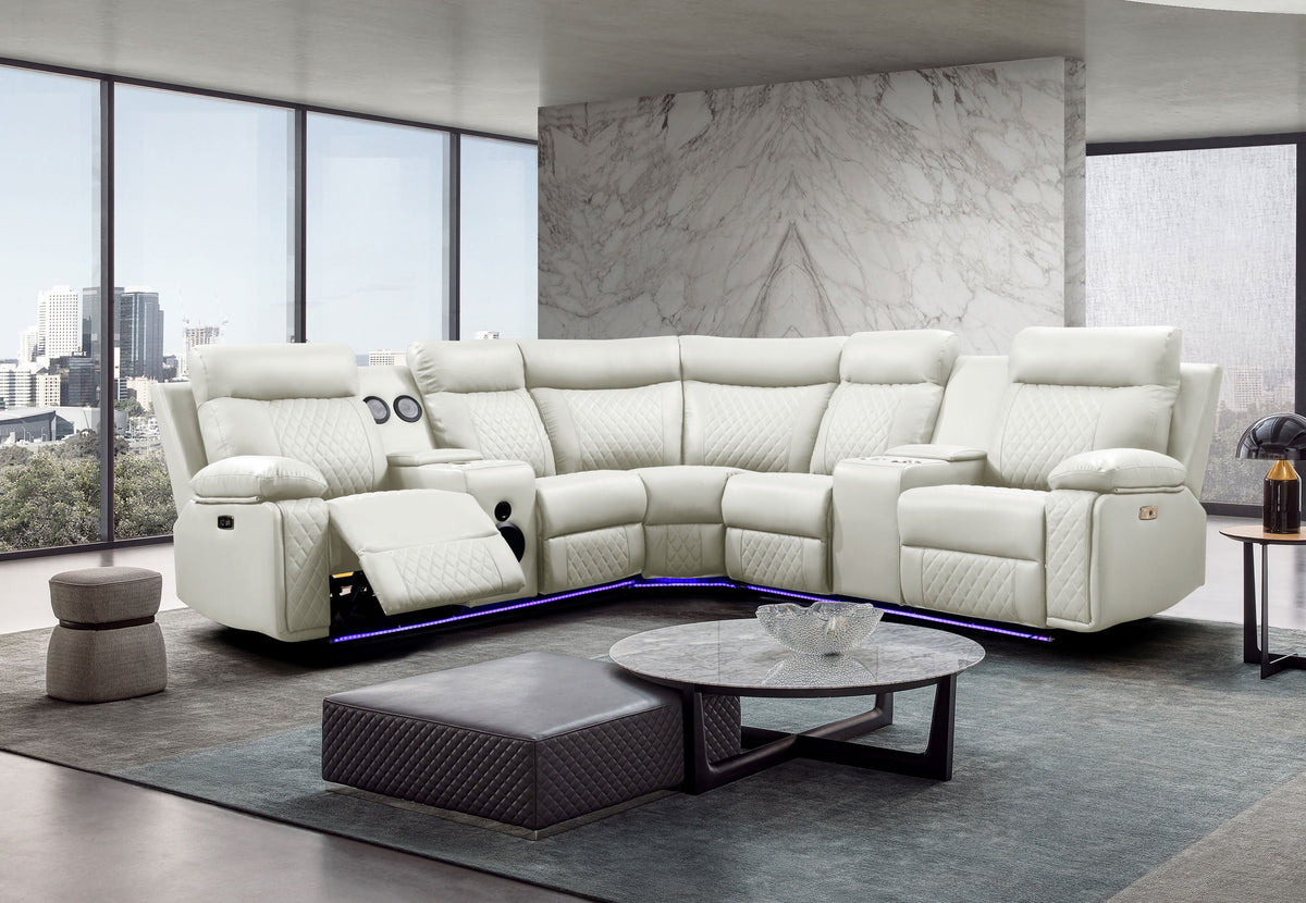 Detail view of integrated Bluetooth speakers on sectional console