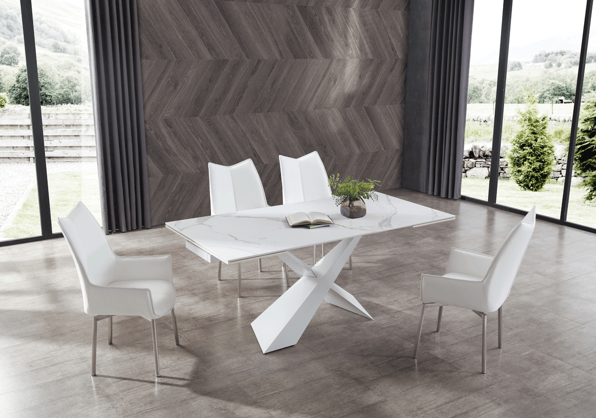 9113 Extendable White Ceramic Top Dining Table & 1218 Swivel Chair Sets