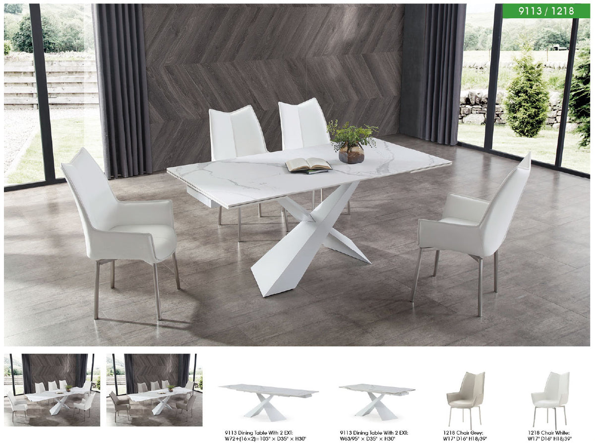 9113 Extendable White Ceramic Top Dining Table & 1218 Swivel Chair Sets
