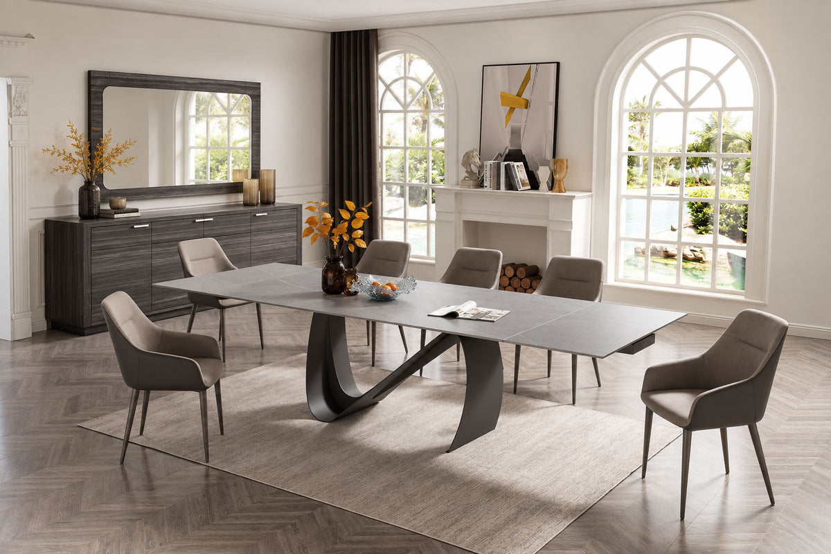 9087 Extendable Ceramic Top Dining Table & Swivel Chair Sets