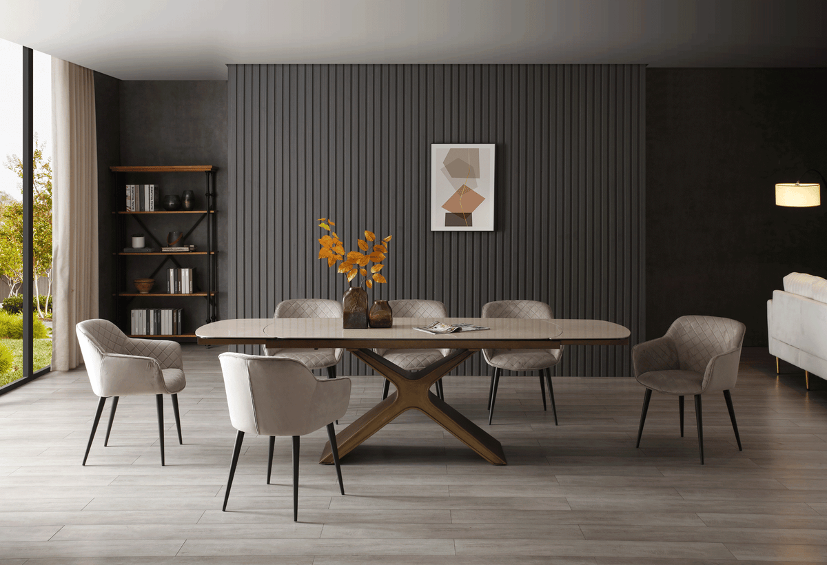 9368 Extendable Ceramic & Glass Top Dining Table & Chair Sets