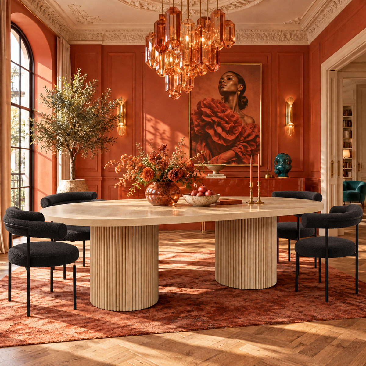 Extendable Oval Dining Table & Boucle Chairs, 5-Piece Dining Set Mid-Century Modern Double Pedestal
