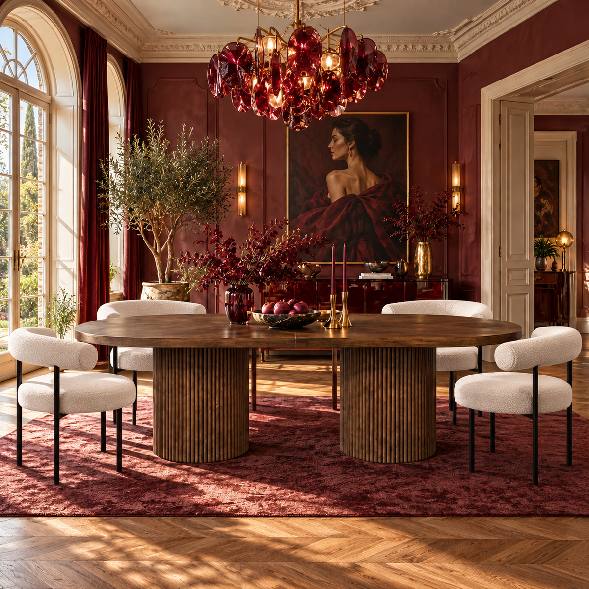 Extendable Oval Dining Table & Boucle Chairs, 5-Piece Dining Set Mid-Century Modern Double Pedestal