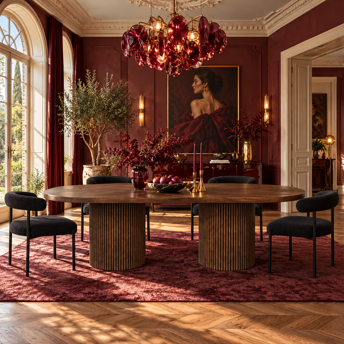 Extendable Oval Dining Table & Boucle Chairs, 5-Piece Dining Set Mid-Century Modern Double Pedestal