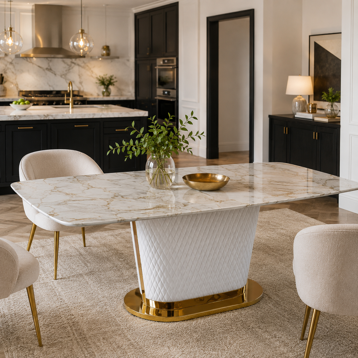 Sofia White Marble-Effect Rectangular Dining Table with Gold Quilted Base - Modern Glamour & Dining Seating