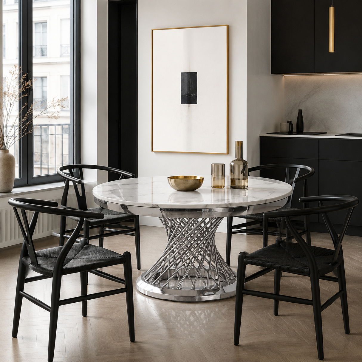 A round white marble dining table with a sculptural silver wire base, surrounded by four black wooden chairs in a modern kitchen setting.
