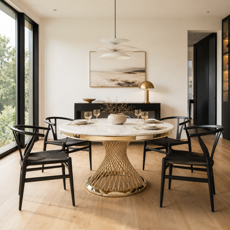 A round dining table with a white marble top and a gold wire pedestal base, surrounded by four black wooden chairs in a modern dining room with large windows and light wood floors.