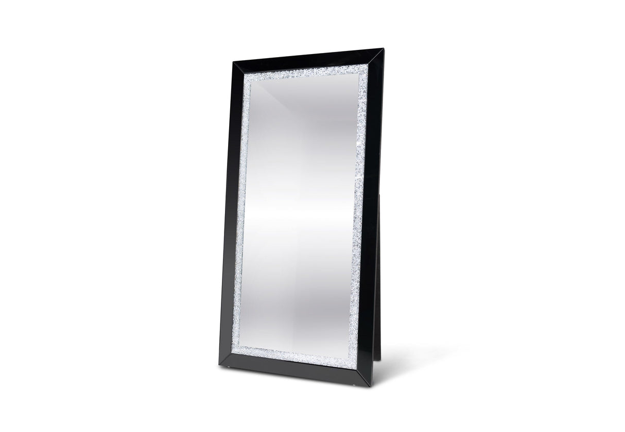 Front view of Nexus full length standing mirror with blue LED border and crystal accents