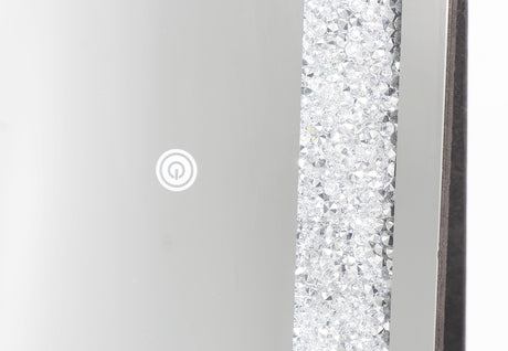 Detailed close-up of the Aria mirror's crystal perimeter and bright integrated LED lighting strip