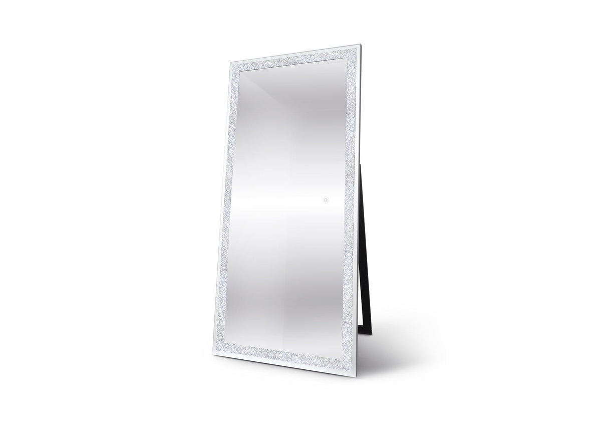 Side view of the Aria freestanding mirror highlighting the stable rear kickstand and crystal frame detail