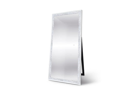Side view of the Aria freestanding mirror highlighting the stable rear kickstand and crystal frame detail